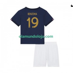 Camisola França Benzema 19 Criança Equipamento Primeiro Copa do Mundo 2022 Manga Curta